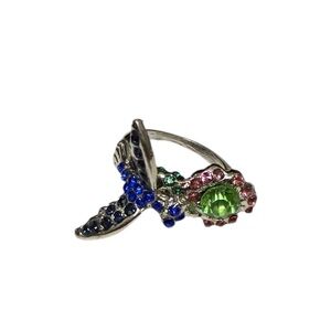 Vintage Silver Tone Hummingbird Ring w/ Multicolor Rhinestones - Size 6